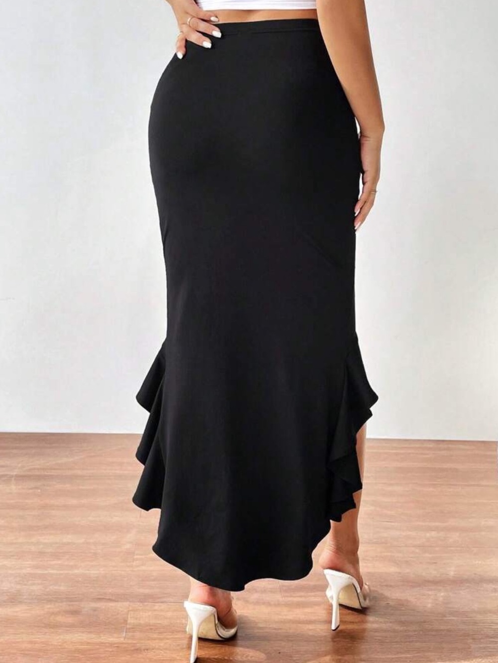 Black Ruffle High-Low Midi Skirt - - Picture 2 of 5